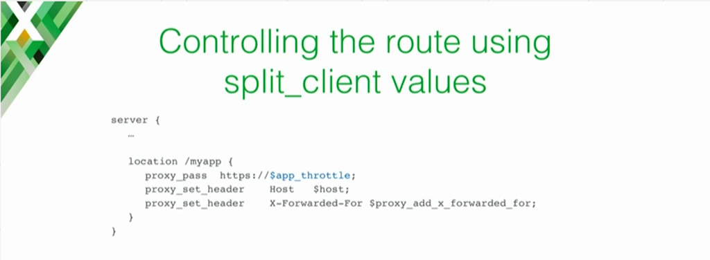 NGINX configuration example for an NGINX cloud load balancer using a variable set by the User ID module to determine whether traffic is routed to the cloud app or the data center [presentation on lessons learned during the cloud migration at Expedia, Inc.]