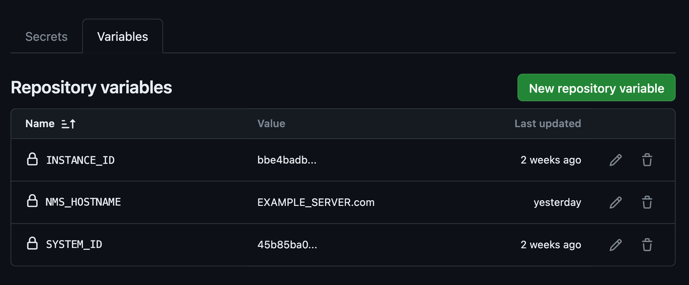 Screenshot of a tech platform displaying repository variables options